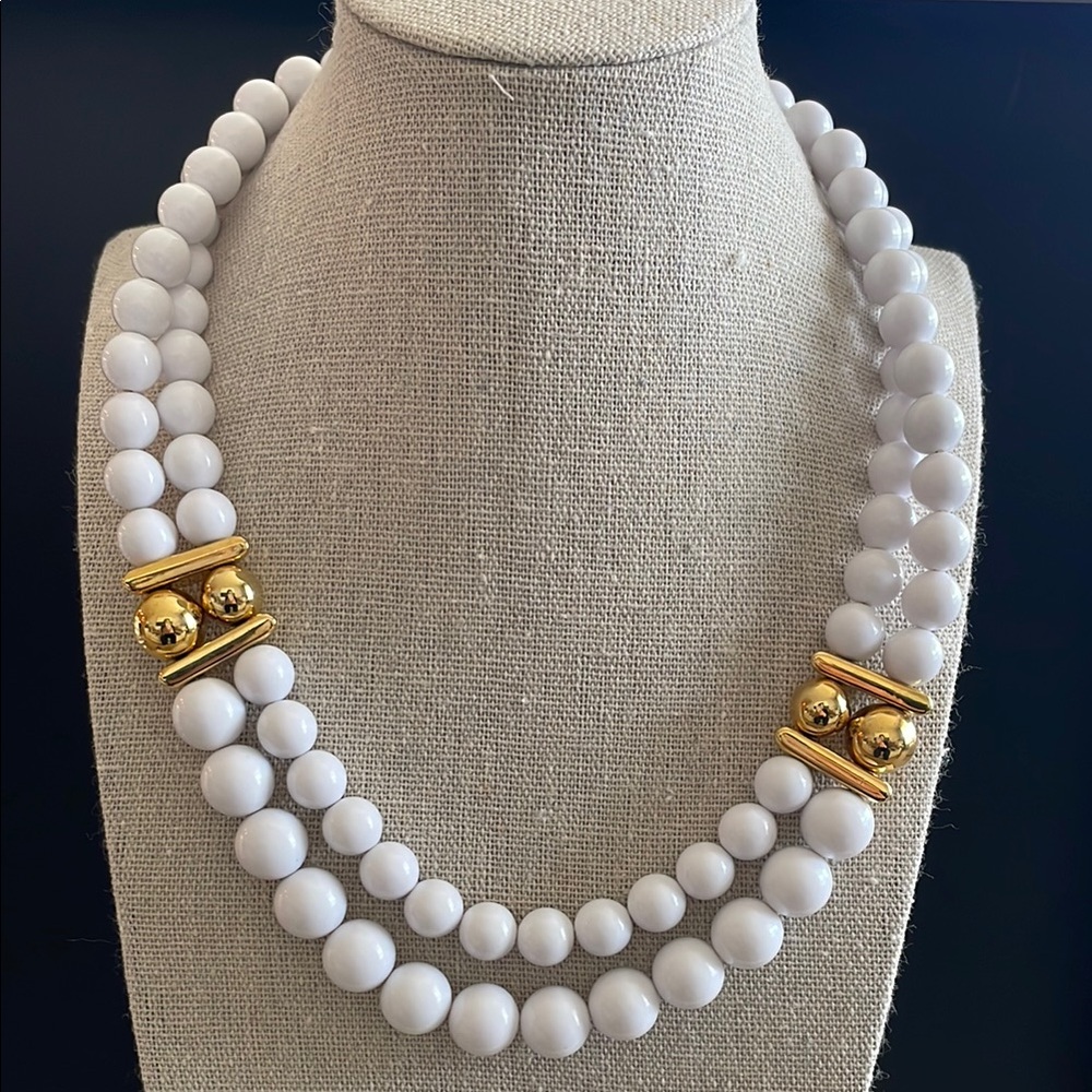 Vintage Napier Double Strand Bead Necklace White Beads Gold Accents